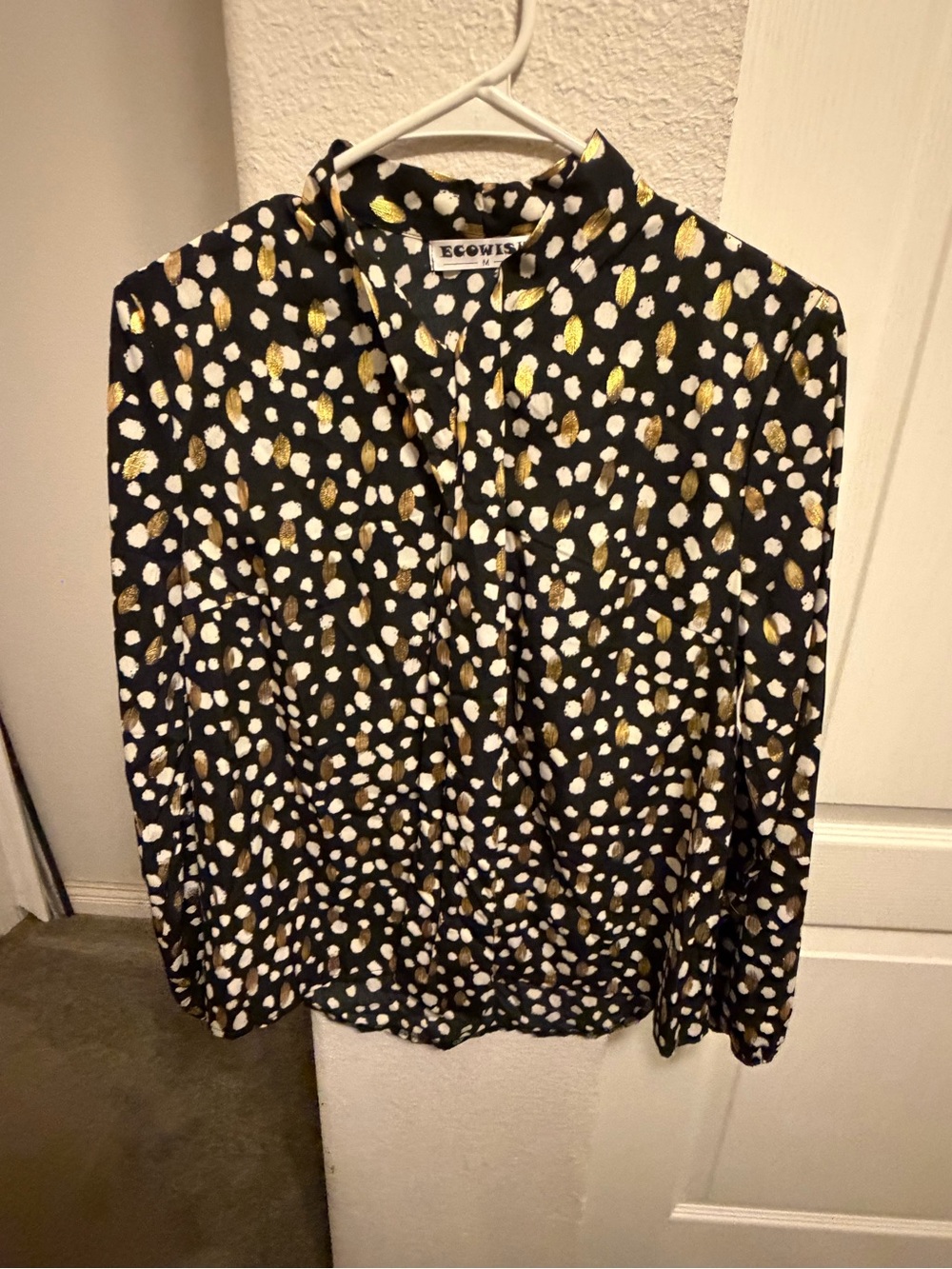 ECOWEST Black Blouse with White and Gold Spot Print